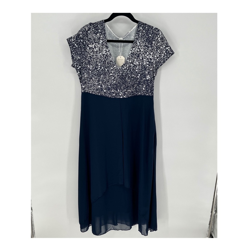 Made With Love High-Low Midi Dress Medium Navy White Splatter V-Neck Chiffon NWT
